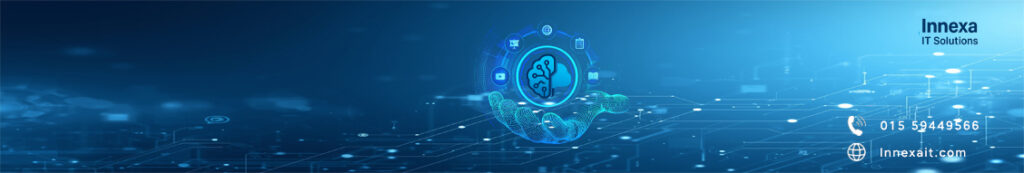 Symbol of Innexa IT Solution represented in a blue background and a hand holding Brain